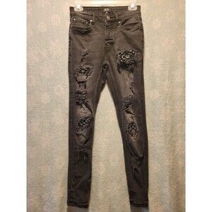 Boohoo MAN SKINNY STRETCH RIP REPAIR Jean 30R Charcoal Distressed Y2k